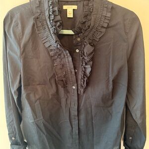 J.Crew Black Ruffle Front Blouse Size 10 Pleated Collar Button Shirt